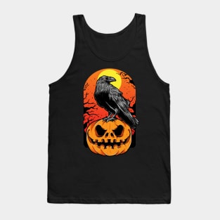 Crow standing on a pumpkin halloween design Tank Top